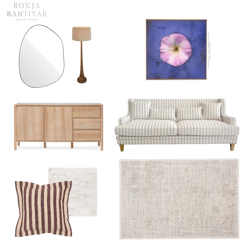 Cozy Elegance: Living‑Room Mood Board with a Blue‑and‑Pink Giclée Floral Print Mood Board by Ronja Bahtiyar Art on Style Sourcebook