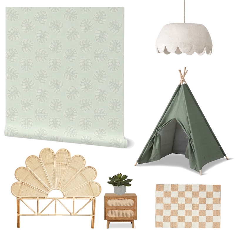 Monstera Leaves Wallpaper for Kid’s Room Decor Mood Board by ashclarkart on Style Sourcebook