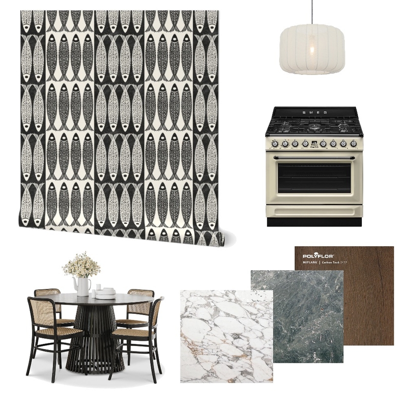 Block Print Sardine Wallpaper for Nautical Kitchen  Decor Mood Board by ashclarkart on Style Sourcebook