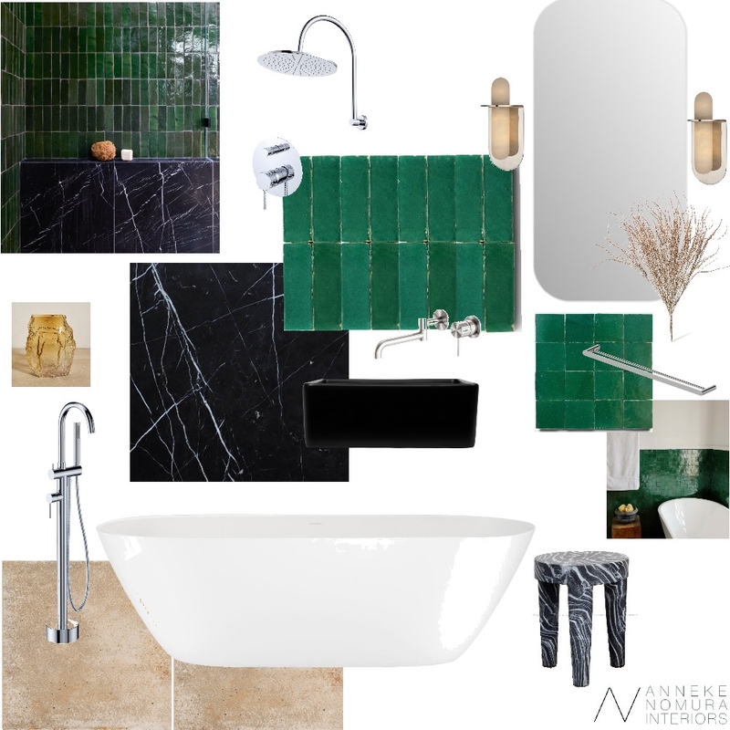 Jade Green Zellige Tile and Black Marble Bathroom Mood Board by ANNEKE NOMURA INTERIORS on Style Sourcebook