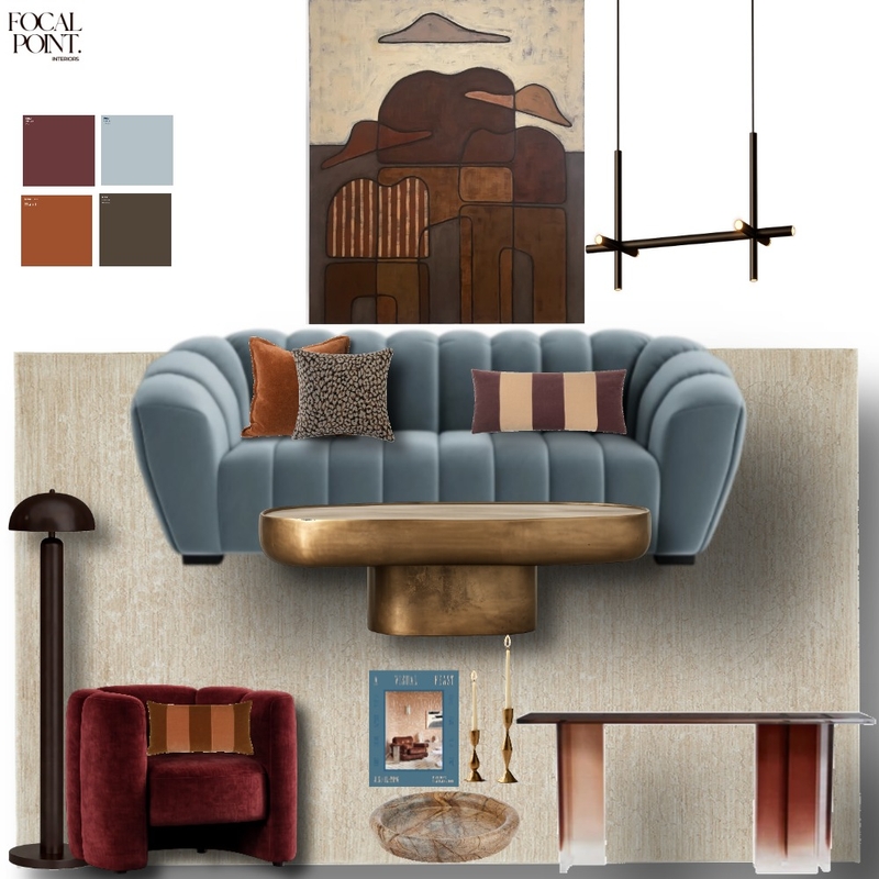 Blue, Red Wine, Terracotta, Chocolate Lounge Interior Design Mood Board by Focal Point Interior Design Blue, Red Wine, Terracotta, Chocolate Lounge Interior Design Mood Board by Focal Point Interior Design