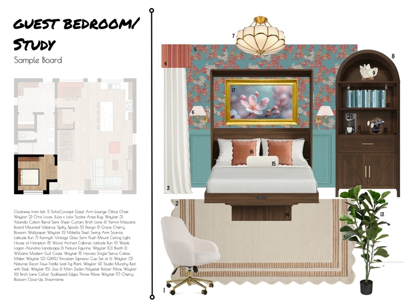 Guest Bedroom/Study Sample Board Interior Design Mood Board by JaydeInteriors