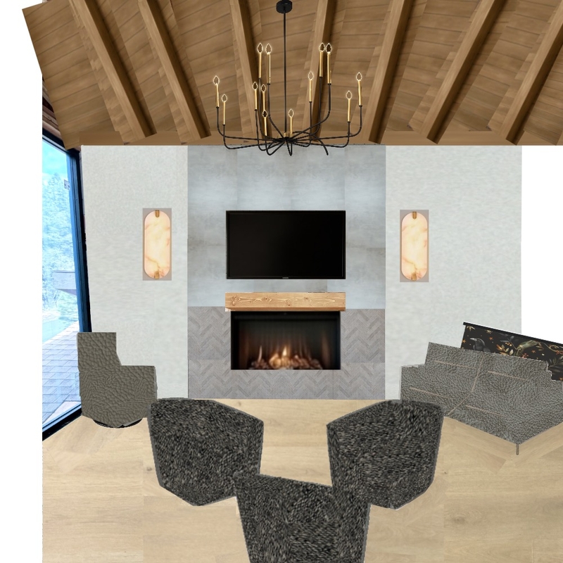 Cabin Loft - light tile/pattern w black and gold chandelier Interior Design Mood Board by AlexaWhitehurst