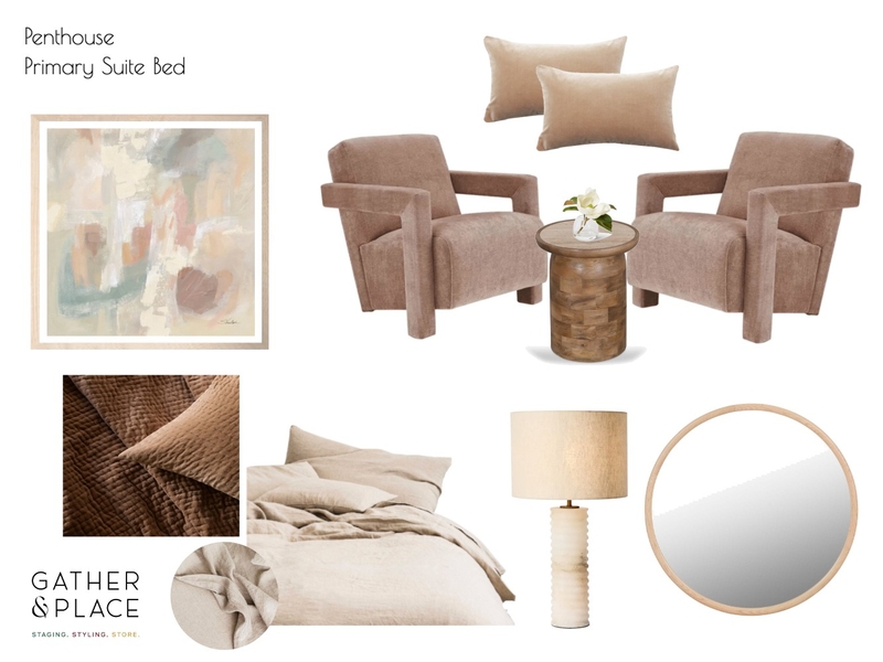 Penthouse Primary Suite Bed Interior Design Mood Board by Gather & Place