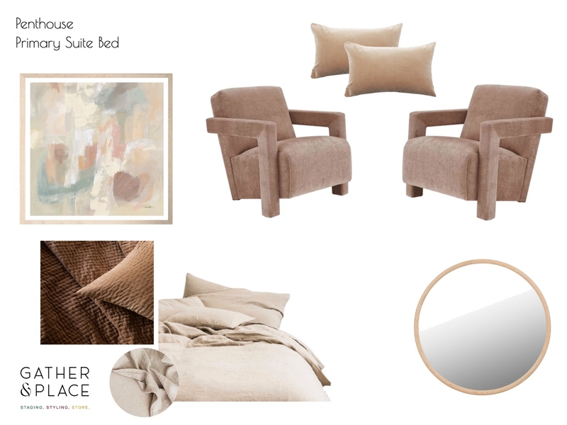 Penthouse Primary Suite Bed Interior Design Mood Board by Gather & Place