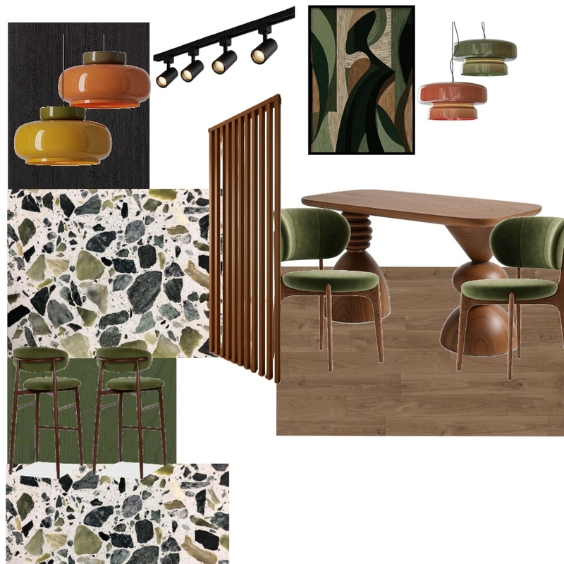 Kitchen Green Orange Oak wood Interior Design Mood Board by amna.f