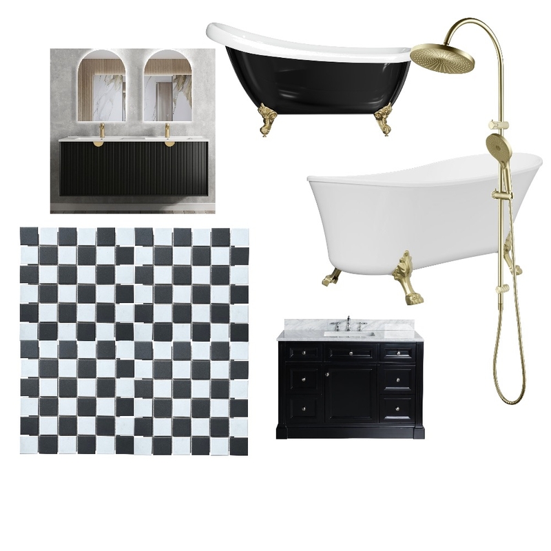Black white and gold bath Interior Design Mood Board by MichelleGoldsmith