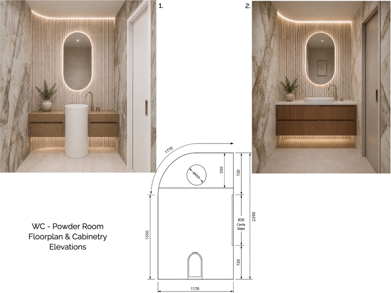 WC - Powder Room Floorplan & Cabinetry Elevations Interior Design Mood Board by Styled Interior Design