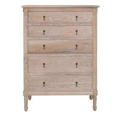 Flinders Oak Timber 5 Drawer Tallboy, Lime Washed Oak