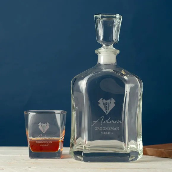Personalised Bow Tie & Lapel Engraved Decanter & Scotch Glass Set