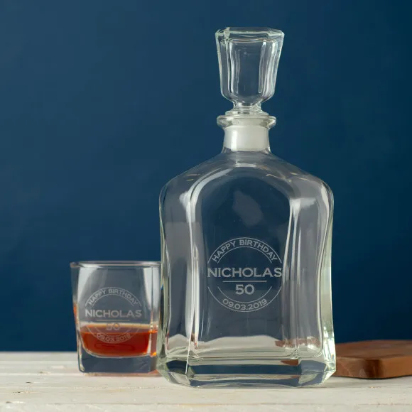 Personalised Circular Engraving Birthday Decanter & Scotch Glass Set