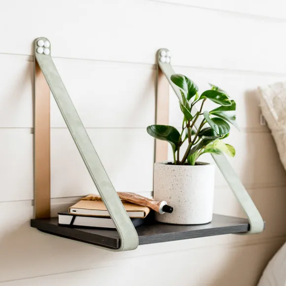 Charcoal + Sage Suede Leather Strap Side Table Shelf