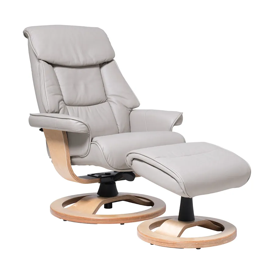 Reggie Recliner Chair + Ottoman in Grey / Natural Leg