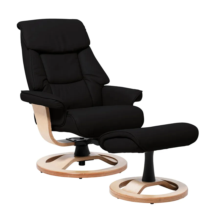 Reggie Recliner Chair + Ottoman in Black / Natural Leg
