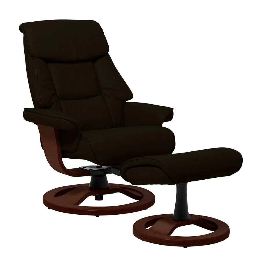 Reggie Recliner Chair + Ottoman in Black / Chocolate Leg