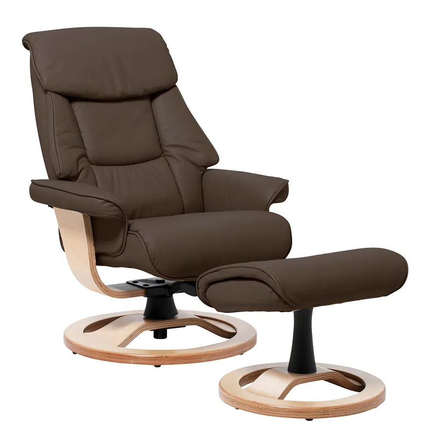 Reggie Recliner Chair + Ottoman in Chocolate / Natural Leg