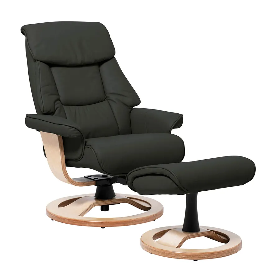 Reggie Recliner Chair + Ottoman in Charcoal / Natural Leg