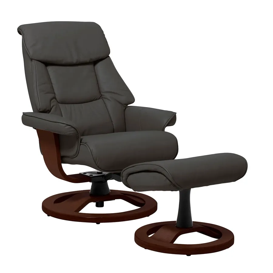 Reggie Recliner Chair + Ottoman in Charcoal / Chocolate Leg