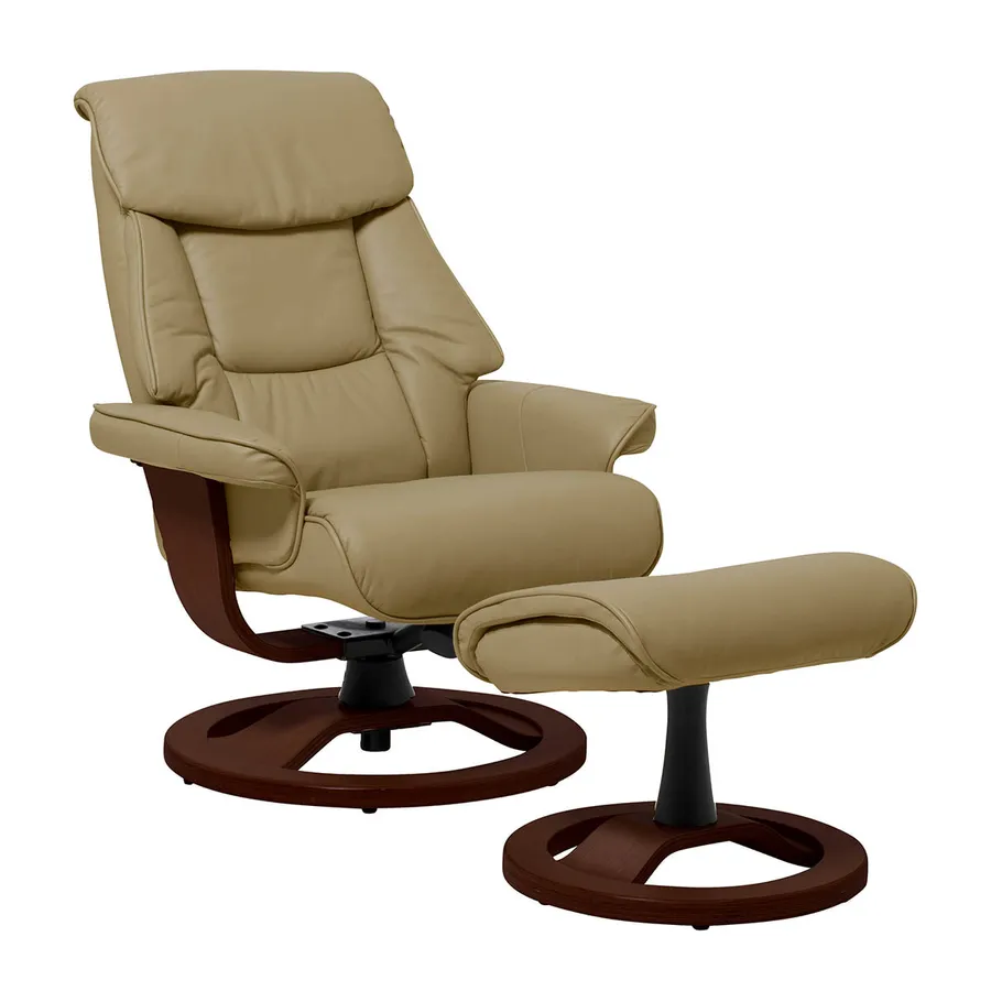 Reggie Recliner Chair + Ottoman in Almond / Chocolate Leg