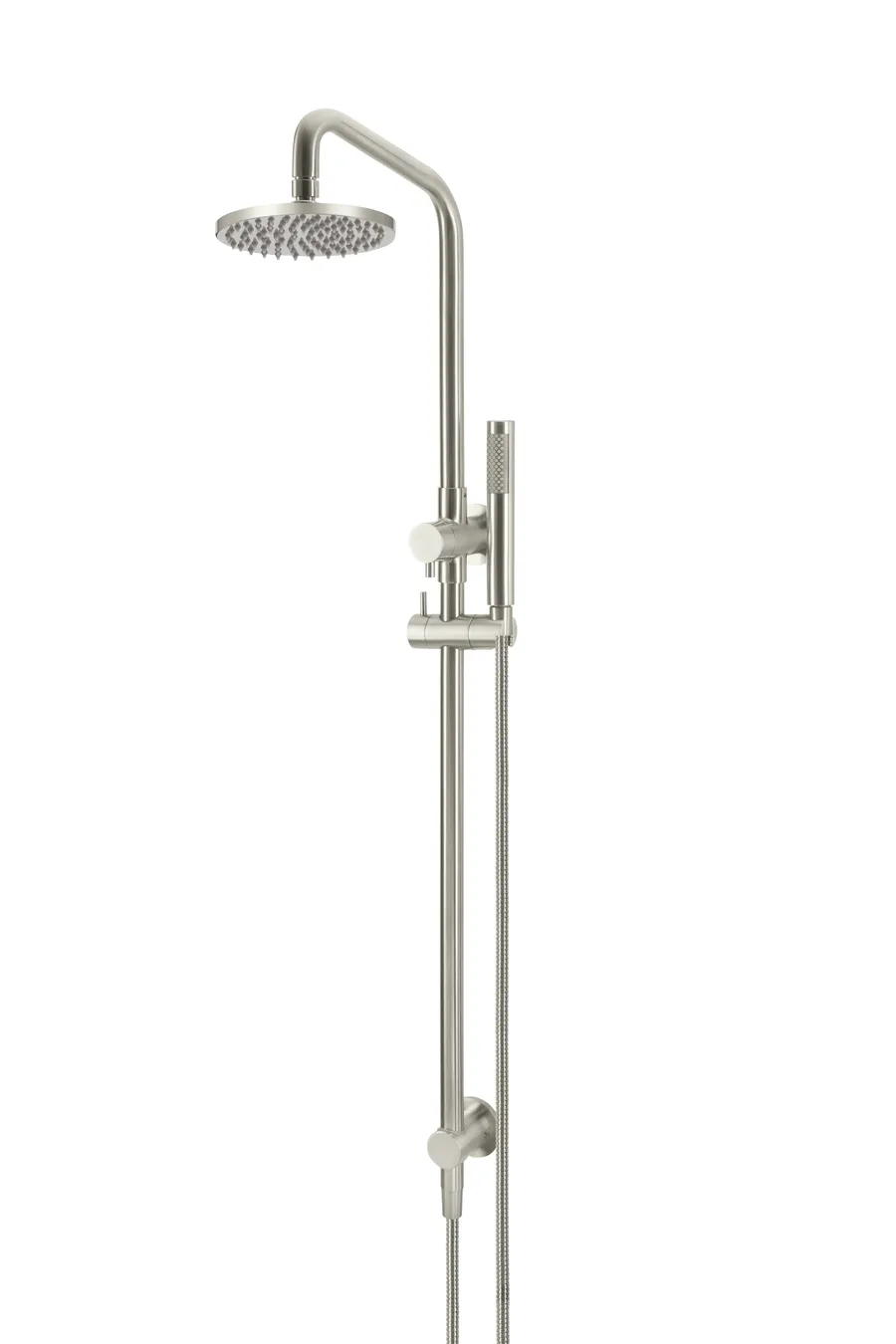 Meir | BRUSHED NICKEL ROUND COMBINATION SHOWER RAIL, 200MM ROSE, SINGLE FUNCTION HAND SHOWER - MZ0704-R-PVDBN