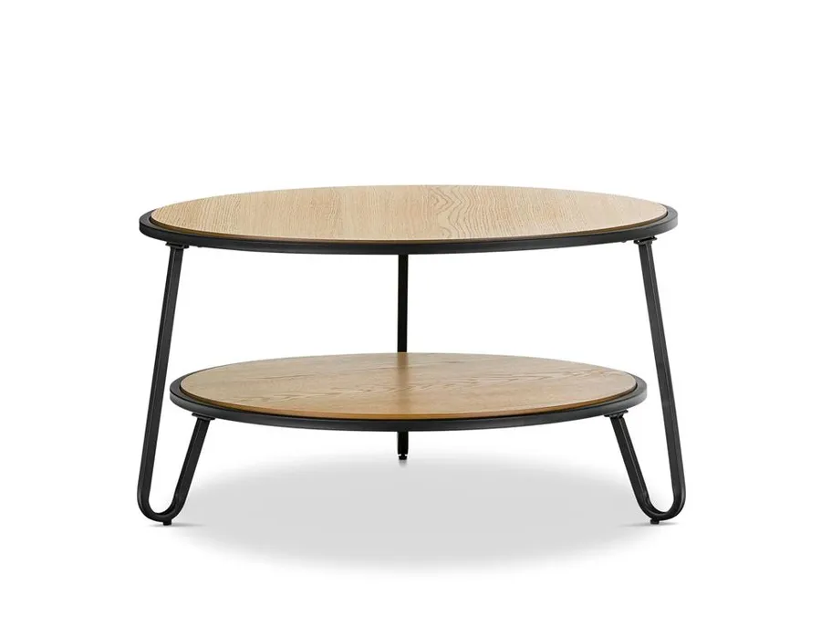 Marcelle 74cm Round Coffee Table - Light Oak Top Black Frame by Interior Secrets - AfterPay Available