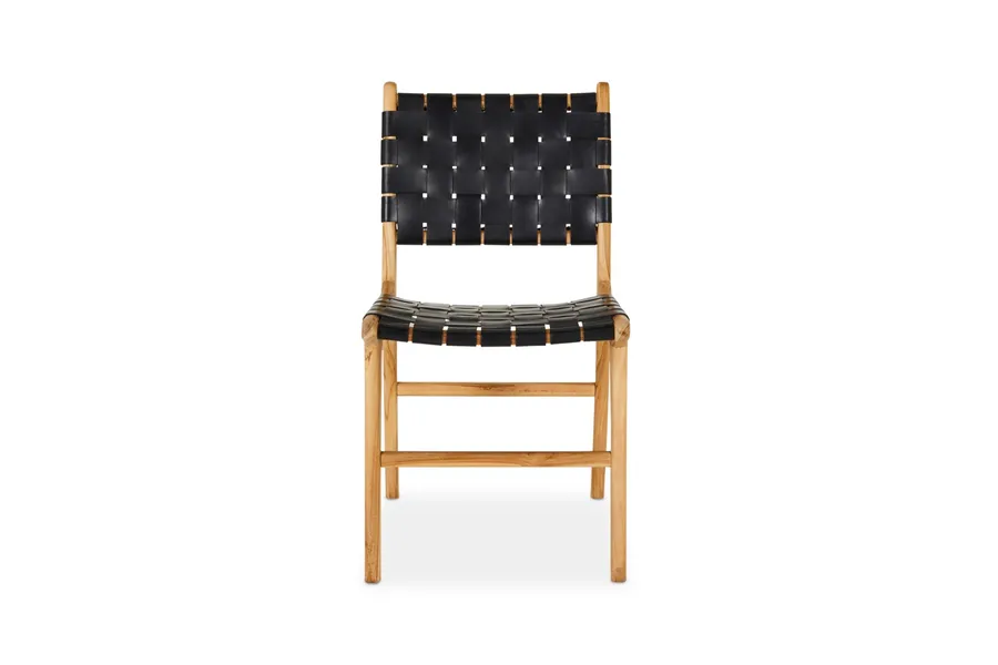 Cuba Woven Coastal Dining Chair, Black Full-Grain Leather & Natural Legs, by Lounge Lovers