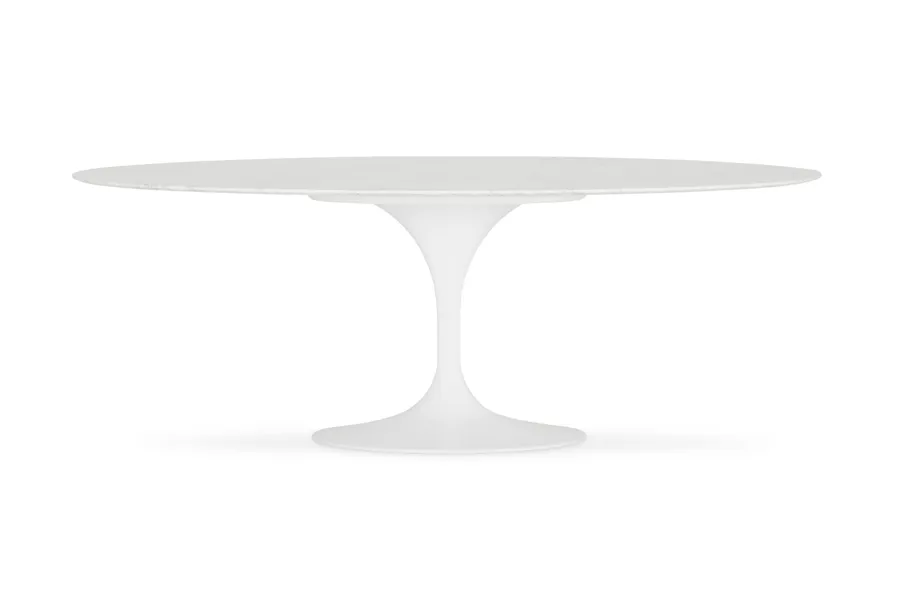 Clover Oval Mid Century Dining Table in White, Italian Carrera Marble, by Lounge Lovers