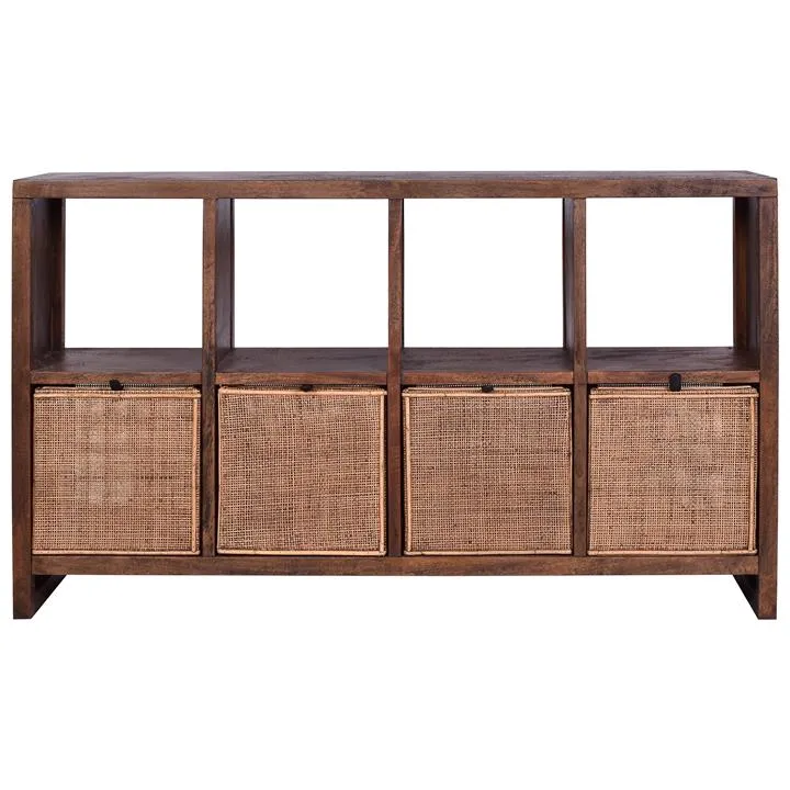 Lackrana Mango Wood & Rattan Low Display Shelf / Sofa Table, 155cm, Honey Brown