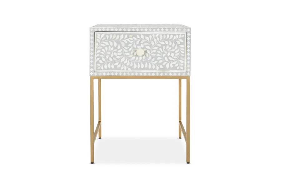 Cleo Bone Inlay Classic Bedside Table, Light Grey, by Lounge Lovers