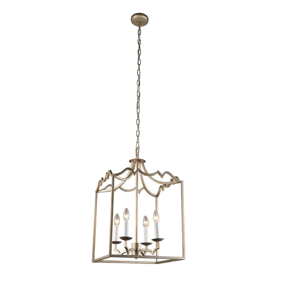 Modern Detailed Box Frame Lantern Pendant Light - Champagne Silver Palazzo