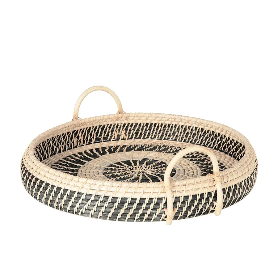 Large Round Natural Rattan Breakfast Tray With Handles - Light