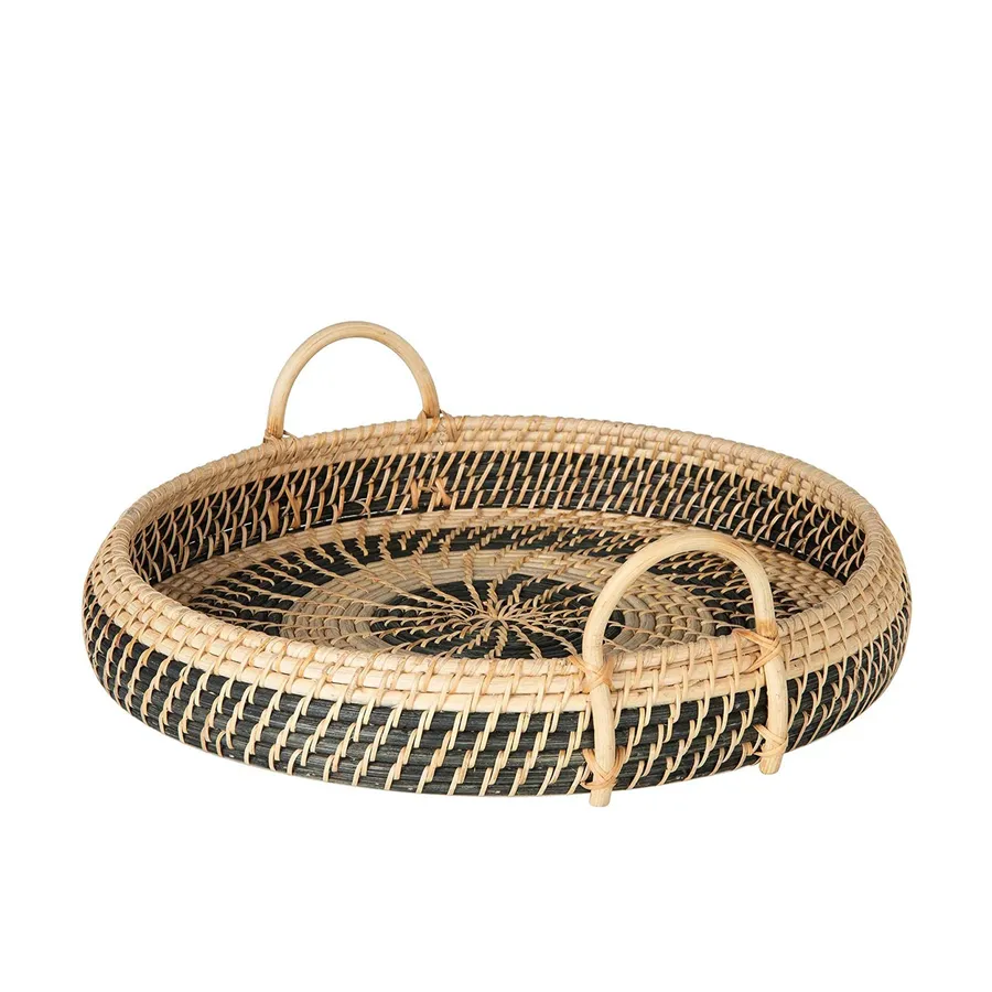 Large Round Natural Rattan Breakfast Tray With Handles - Dark