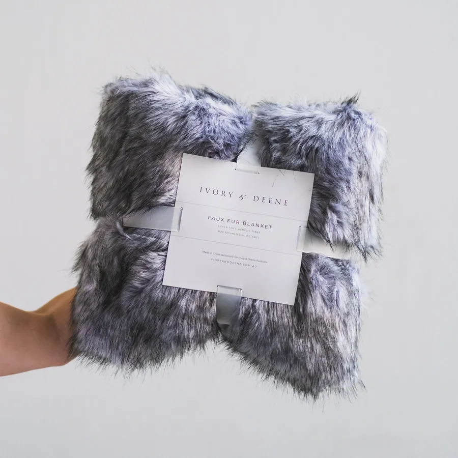 Luxury Faux Fur Throw Blanket - Charcoal Silver Wolf