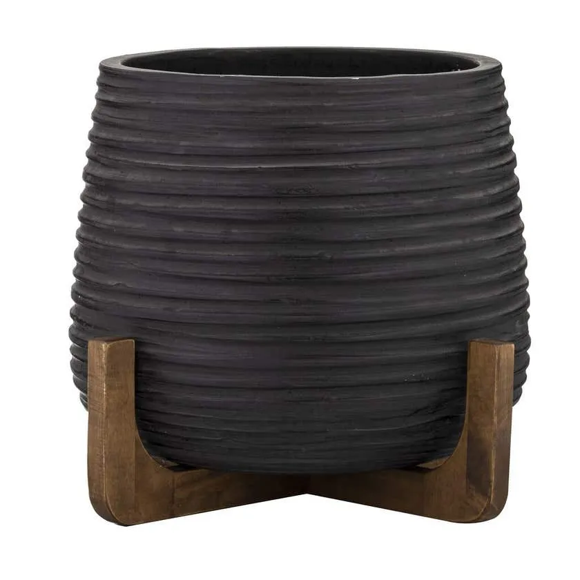 Keanu Planter with Wooden Base Black 260mm