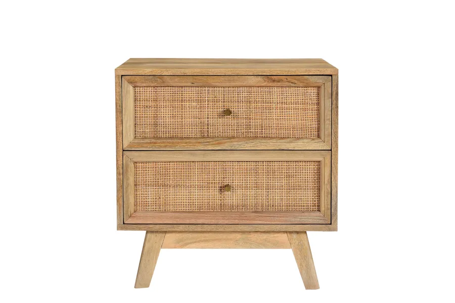 Tulum Mango Wood and Rattan Bedside Table - 2 Drawer
