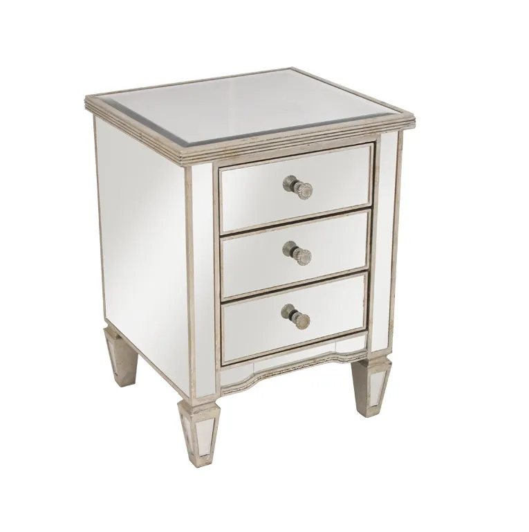 Ribbed Antique Mirrored Bedside with 3 Drawers 50cm x 45cm x 66cm