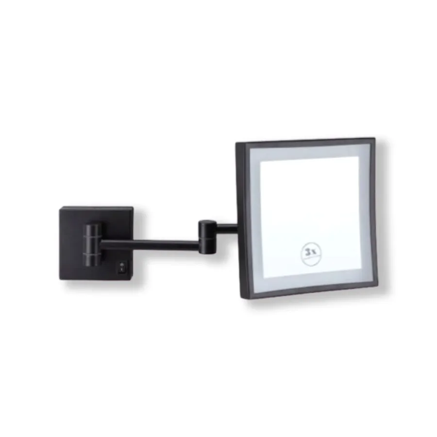 Black Square Shaving/Make Up Mirror LED Light 3x Magnification 20cm