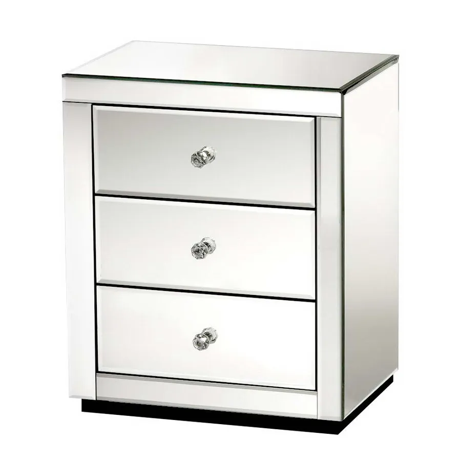 3 Drawer Mirrored Bedside Silver 40cm x 58cm