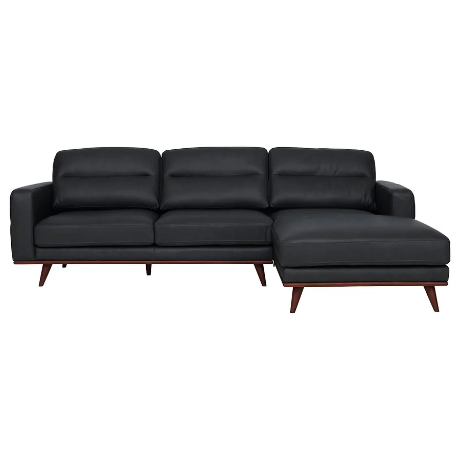 Astrid 2.5 Seater Sofa + Chaise LHF in Leather Slate / Brown Leg