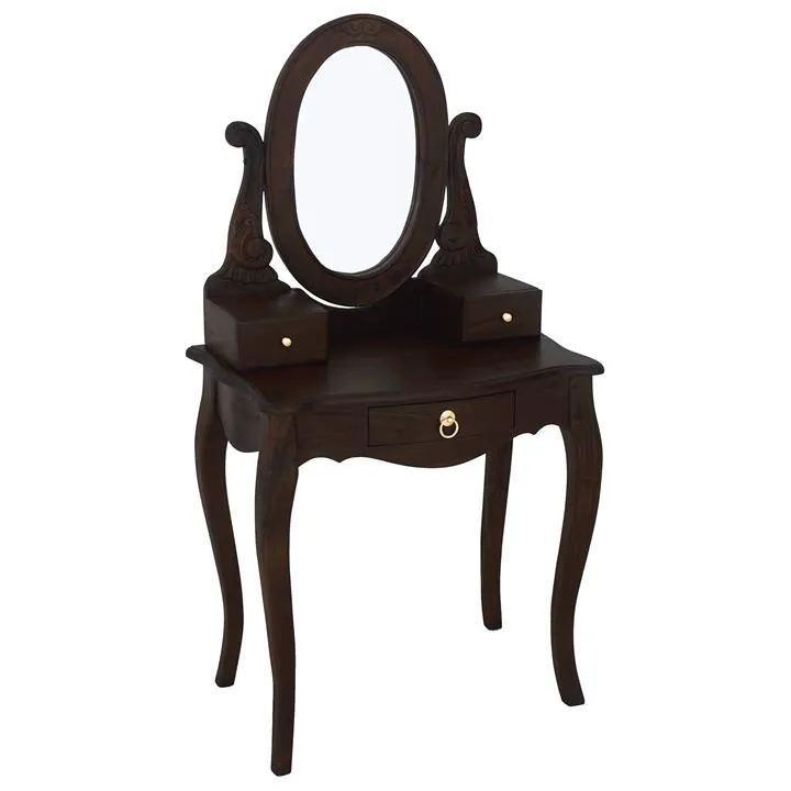 Queen Ann Mahogany Timber Oval Mirror Dressing Table, Chocolate