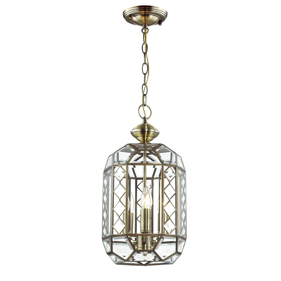 Antique Brass and Glass Lantern Pendant Light 3 Light