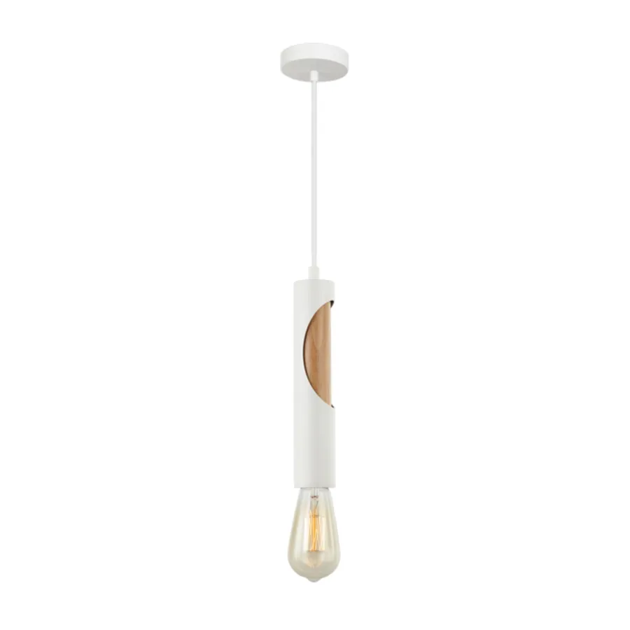 CLA Ida 1 Light Tube Iron and Wood Pendant Light (E27) Matte White