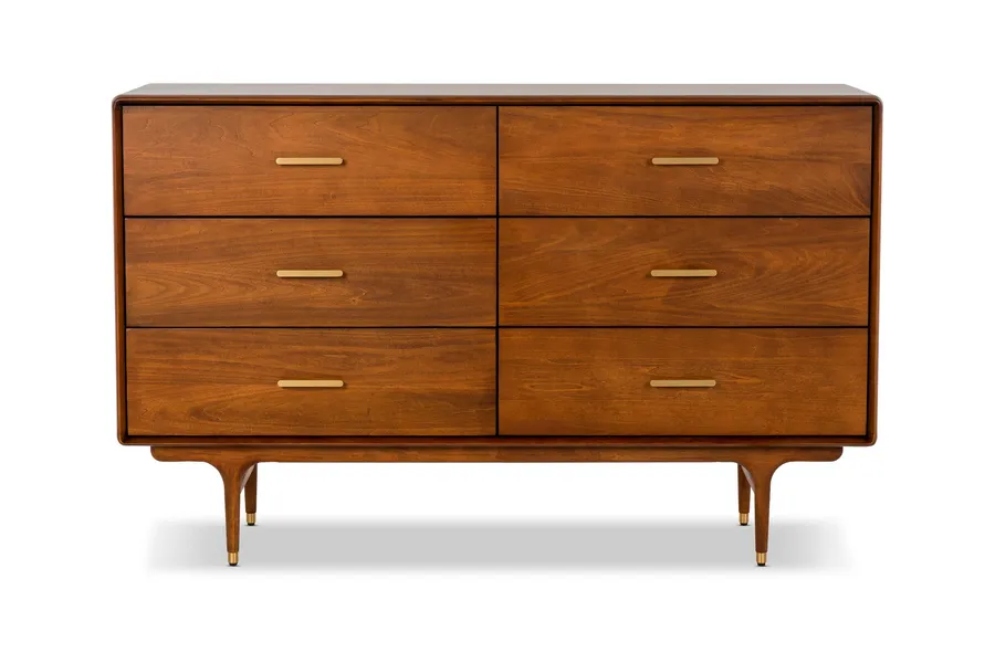 Manhattan Mid Century 6 Drawer Dresser, Poplar Wood in Brown, by Lounge Lovers