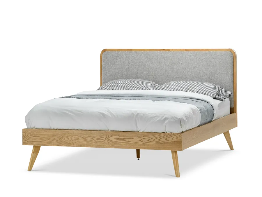 Stella Queen Bed, Light Grey Upholstery & Natural Oak