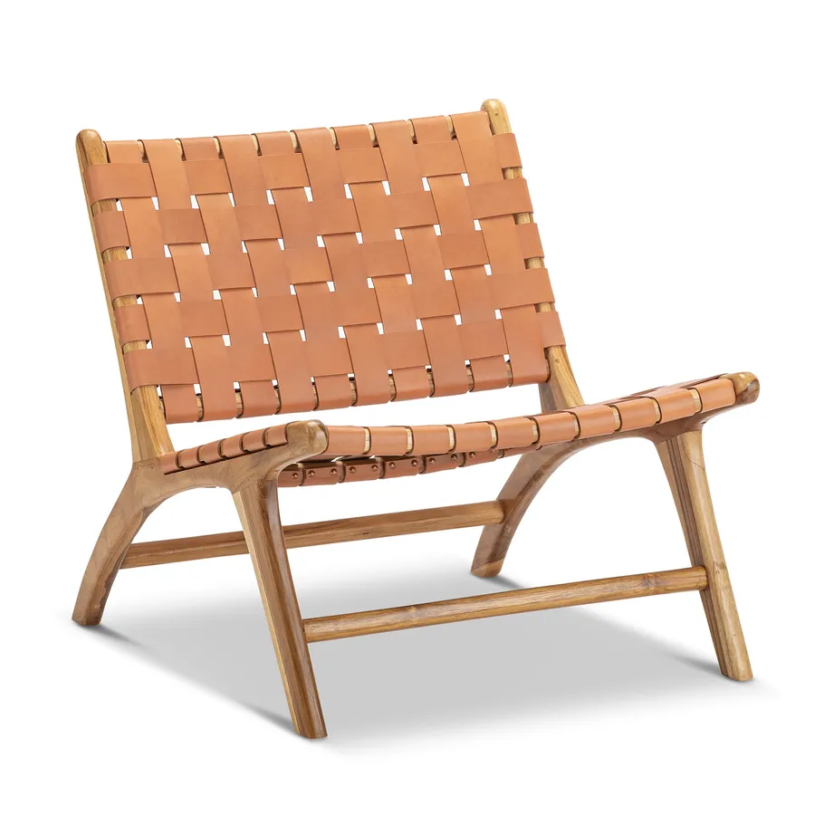 Lazie Leather Strapping Lounge Chair, Teak & Natural Tan