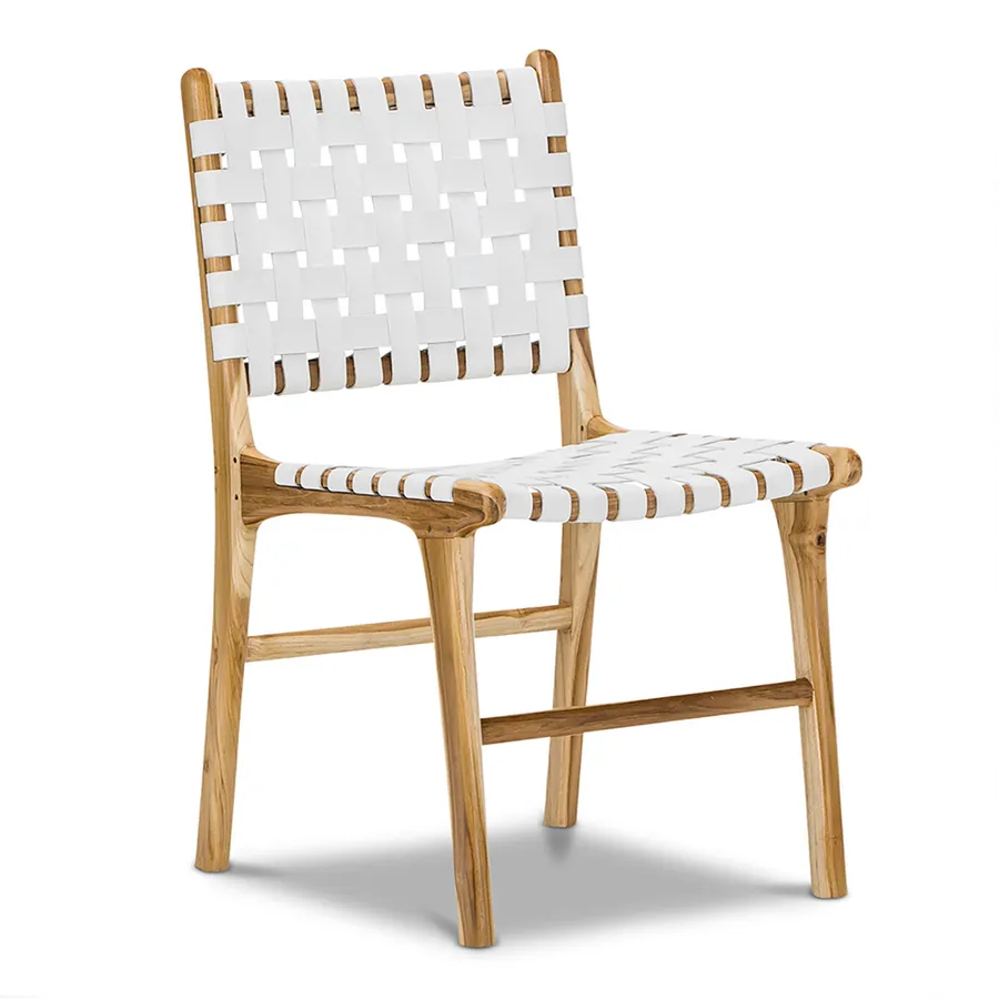 Lazie Set of 2 Leather Strapping Dining Chair, Teak & White