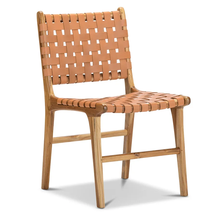 Lazie Set of 2 Leather Strapping Dining Chair, Teak & Natural Tan