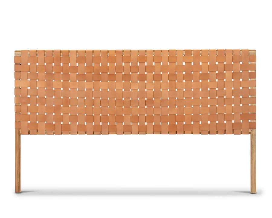 Lazie Leather Strapping King Size Bedhead, Teak & Natural Tan