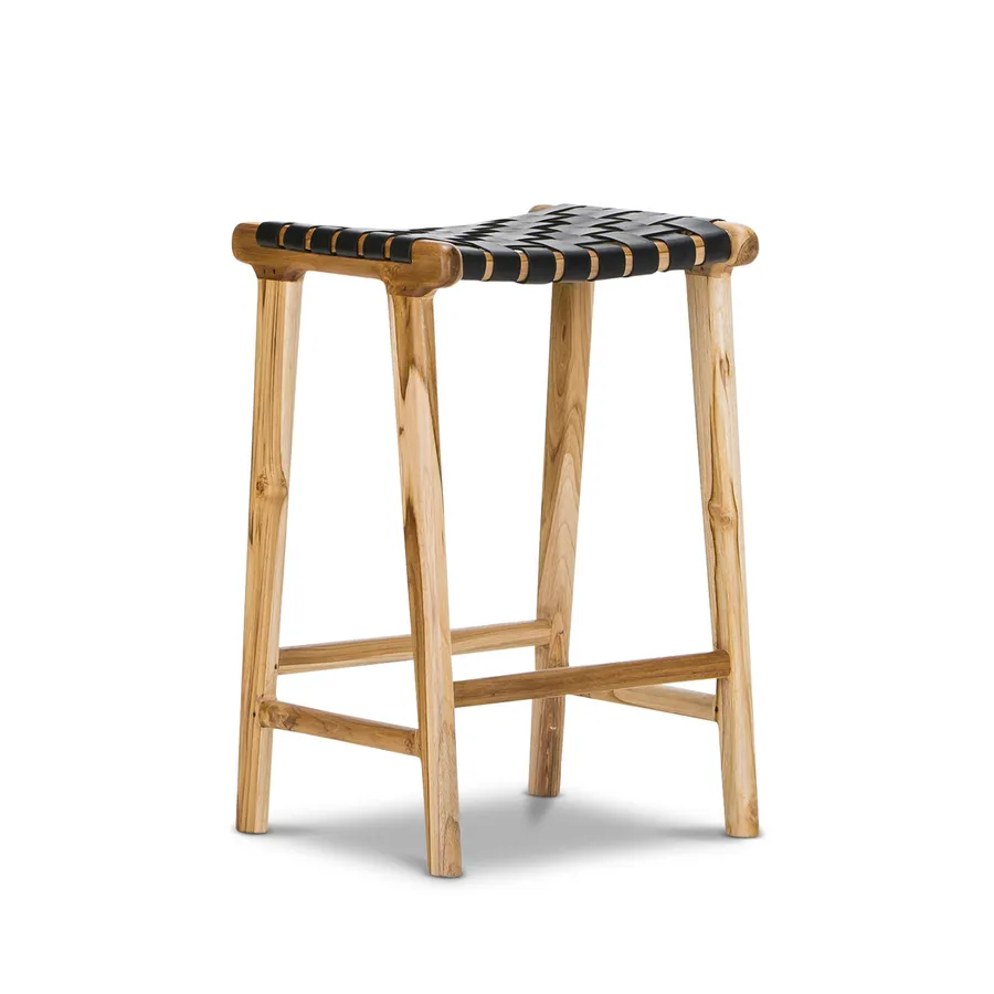 Lazie 66cm Leather Strapping Bar Stool, Teak & Black