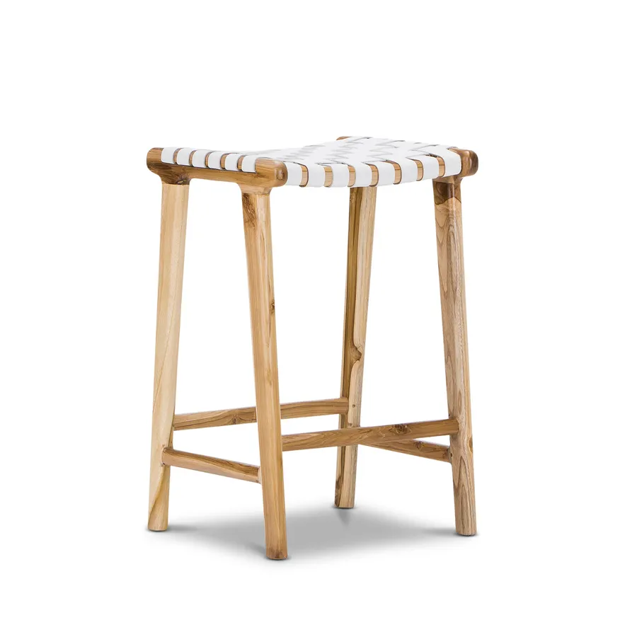 Lazie 66cm Leather Strapping Bar Stool, Teak & White